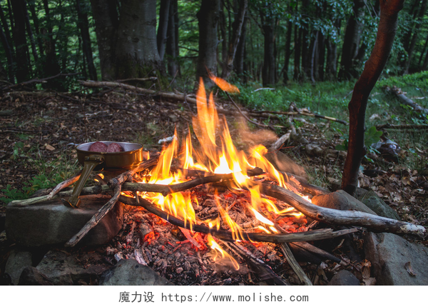 山林野营中做饭的篝火在露营在山林火灾